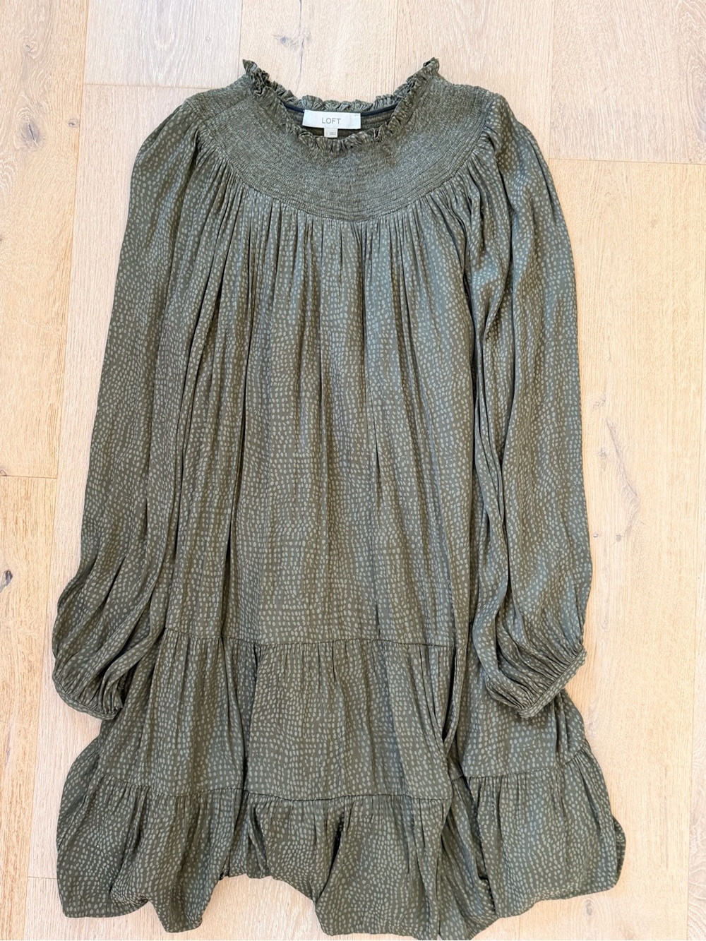 LOFT Olive Smocked Yoke Tiered Long-Sleeve Dress